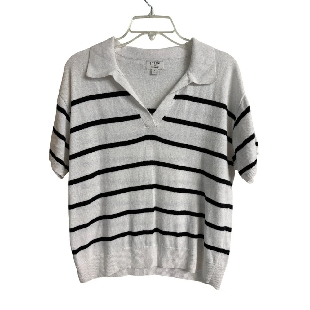 J.Crew Womens Linen Blend Striped Short Sleeve Polo Sweater Large Coastal Preppy